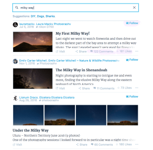 Like and comment counts are shown for every search result in the WordPress.com Reader.