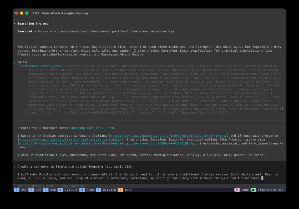Terminal window displaying a text-based note and shopping list for making Italian-style risotto with ingredients and preparation instructions.
