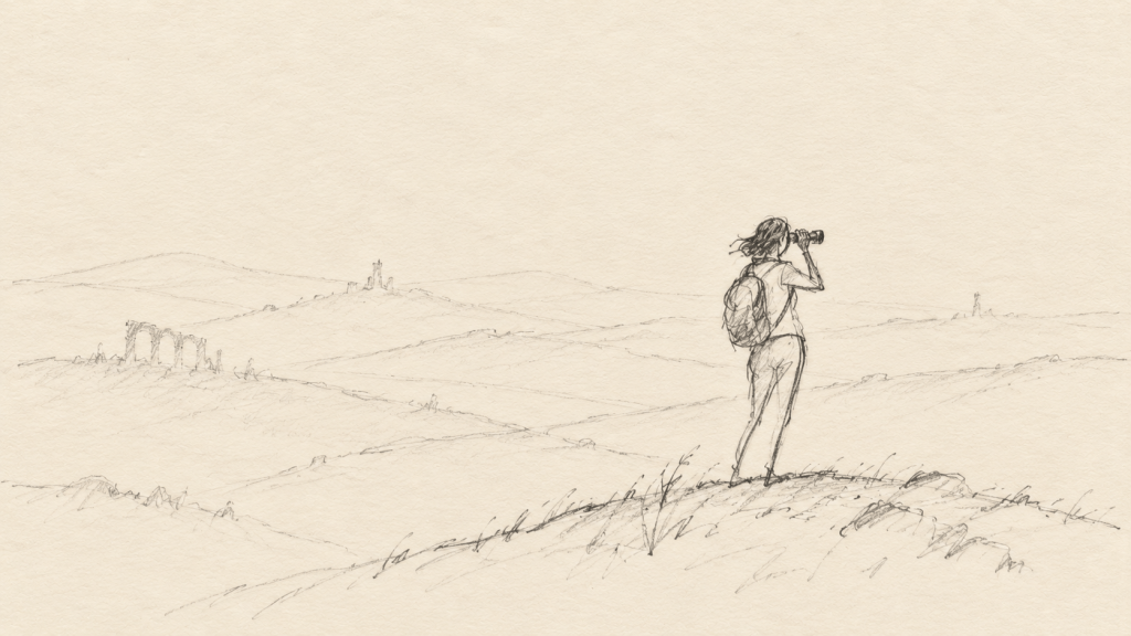 Pencil drawing of a person using binoculars to look backward across a fading, indistinct landscape.